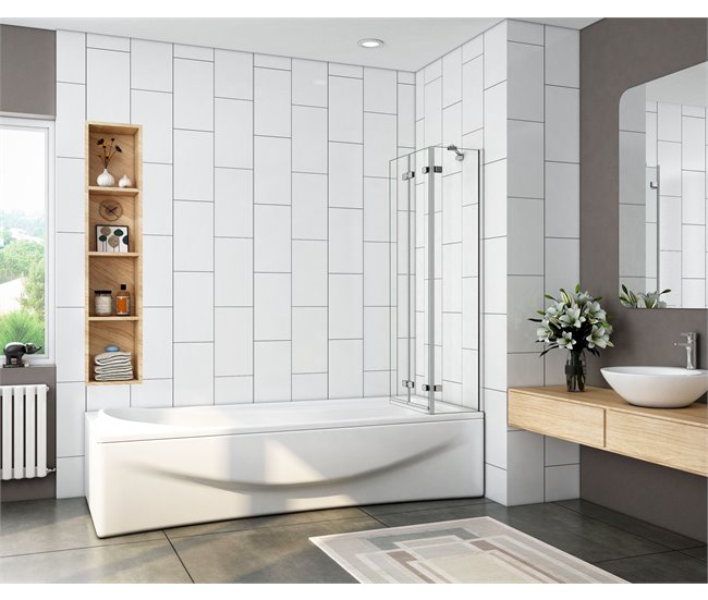 Conforama Mampara De Bañera Plegable Vidrio Templado 6mm Con 3 Hojas Abatibles Cromado (98-100)X140cm Barra Soporte 35cm