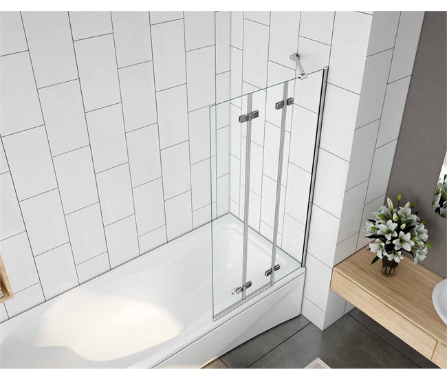 Conforama Mampara De Bañera Plegable Vidrio Templado 6mm Con 3 Hojas Abatibles Cromado (98-100)X140cm Barra Soporte 35cm