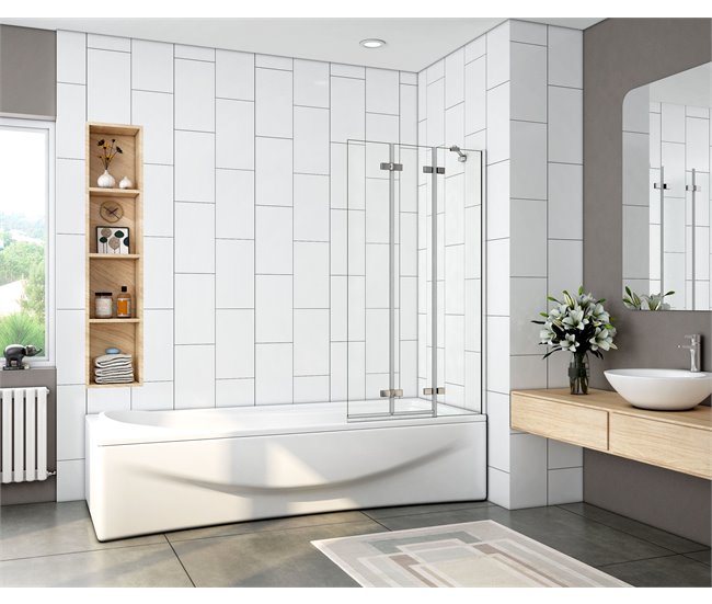 Conforama Mampara de Bañera Plegable Vidrio Templado 6mm con 3 hojas abatibles Cromado (98-100)X140cm Barra Soporte 35cm