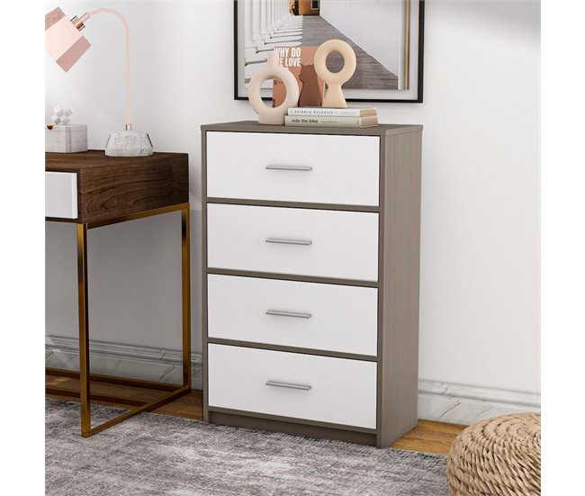 Conforama Max Home Cómoda Blanca Y Madera 4 Cajones De Tela