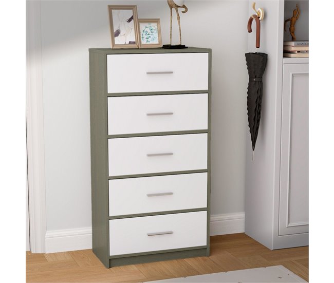 Conforama Max Home Cómoda Blanca Y Madera 5 Cajones De Tela