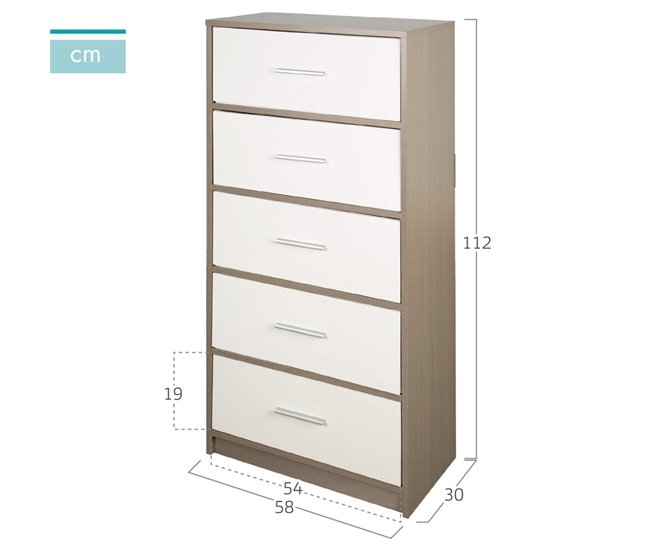Conforama Max Home Cómoda Blanca Y Madera 5 Cajones De Tela