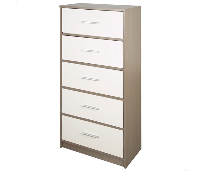 Conforama Max Home Cómoda blanca y madera 5 cajones de tela