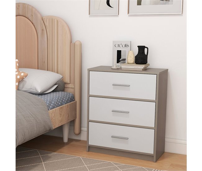 Conforama Max Home Mesita De Noche Blanca Y Madera 3 Cajones De Tela