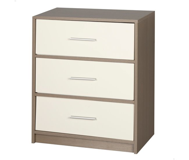 Conforama Max Home Mesita de noche blanca y madera 3 cajones de tela