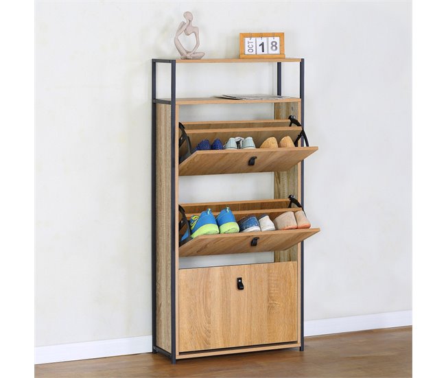 Conforama Max Home Mueble Zapatero Recibidor Madera Y Acero 3 Cajones 60x24x132 Cm