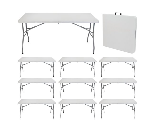 Conforama MegaPack 10 Mesas Plegables Portátiles Resina 150cm Blanco 7house