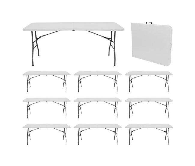Conforama MegaPack 10 Mesas Plegables Portátiles Resina 240cm Blanco 7house