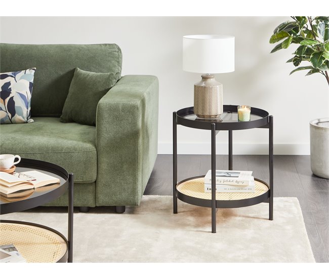 Conforama Mesa Auxiliar Con Tablero De Vidrio Madera Clara Con Negro RENO