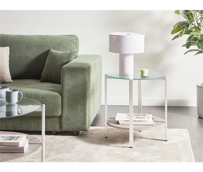 Conforama Mesa Auxiliar Con Tablero De Vidrio Madera Clara Y Plateado LOVELL