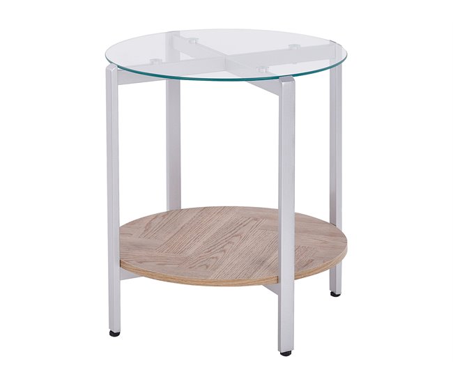 Conforama Mesa auxiliar con tablero de vidrio madera clara y plateado LOVELL
