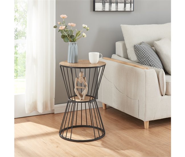Conforama Mesa Auxiliar Fossbergom Redonda Con Estante MDF Metal 62xØ40cm - Negro/Roble [en.casa]