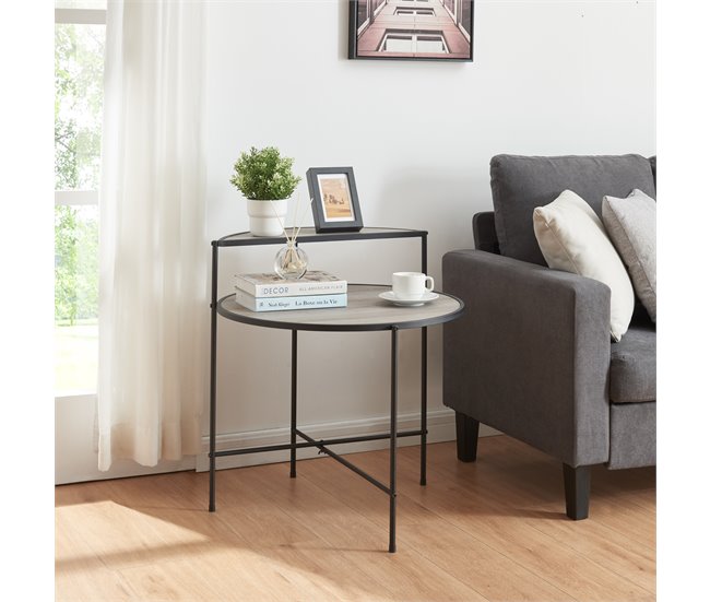 Conforama Mesa Auxiliar Fyresdal Redonda Con Estante MDF Metal 68xØ62cm - Negro/Roble [en.casa]