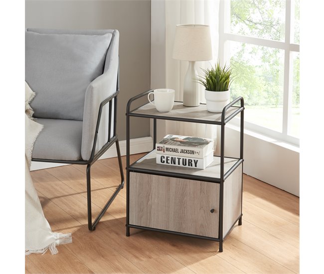 Conforama Mesa Auxiliar Gulen Con Estante MDF Metal 60x43x33cm - Negro/Roble [en.casa]