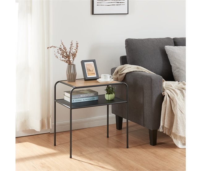 Conforama Mesa Auxiliar Krødsherad Con Estante MDF Metal 55x51x36 Cm - Negro/Roble [en.casa]