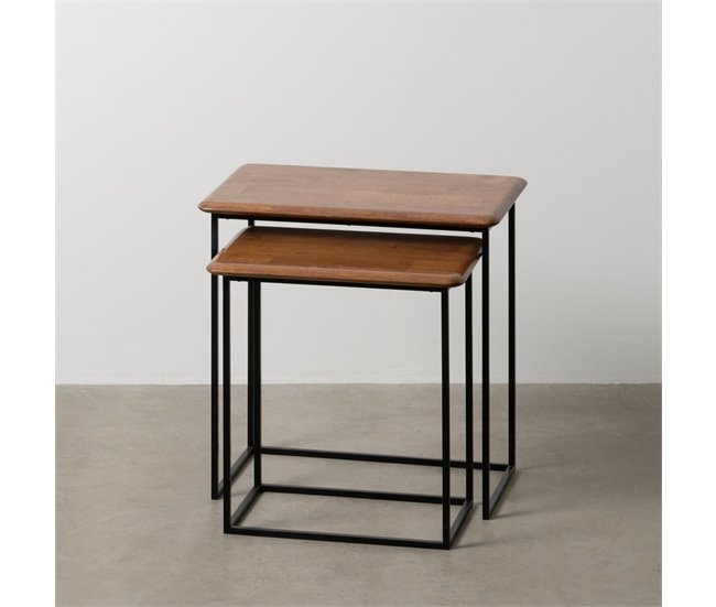 Conforama Mesa Auxiliar LAGOM Negro Natural Hierro Madera De Caucho 60 X 40 X 60 Cm 50 X 35 X 53 Cm 2 Piezas (2 Unidades)