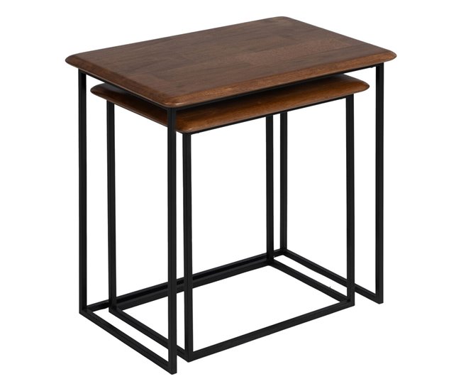 Conforama Mesa Auxiliar LAGOM Negro Natural Hierro Madera De Caucho 60 X 40 X 60 Cm 50 X 35 X 53 Cm 2 Piezas (2 Unidades)