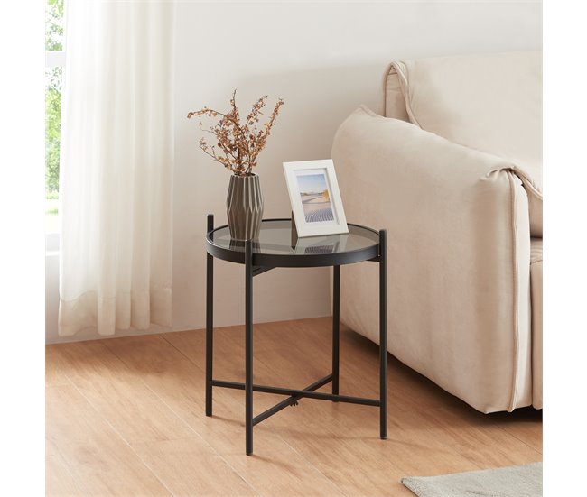 Conforama Mesa Auxiliar Lier Redonda Cristal Templado Metal 46xØ42cm - Negro [en.casa]
