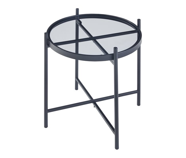 Conforama Mesa Auxiliar Lier Redonda Cristal Templado Metal 46xØ42cm - Negro [en.casa]