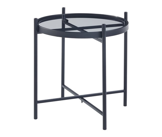 Conforama Mesa auxiliar Lier redonda cristal templado metal 46xØ42cm - Negro [en.casa]