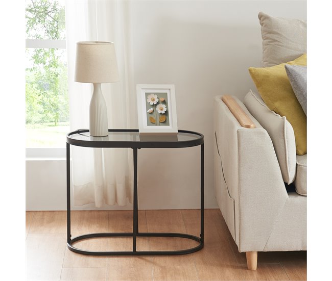 Conforama Mesa Auxiliar Luleå Ovalada Cristal Templado Metal 55x28x45cm - Negro [en.casa]
