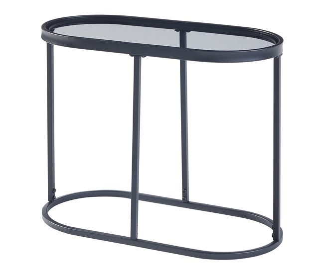 Conforama Mesa auxiliar Luleå ovalada cristal templado metal 55x28x45cm - Negro [en.casa]