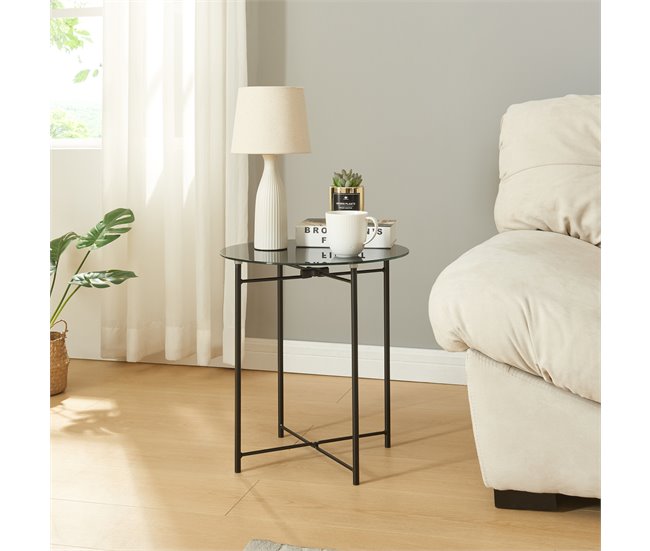 Conforama Mesa Auxiliar Ödeshög Acero Cristal 45xØ42cm - Negro [en.casa]