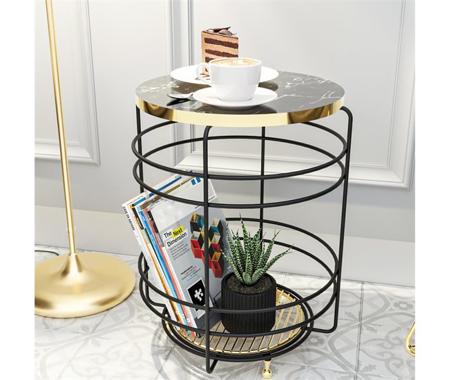 Conforama Mesa Auxiliar Padasjoki Metal 55x40cm - Negro/Dorado [en.casa]