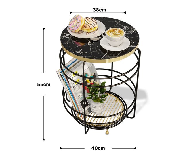 Conforama Mesa Auxiliar Padasjoki Metal 55x40cm - Negro/Dorado [en.casa]