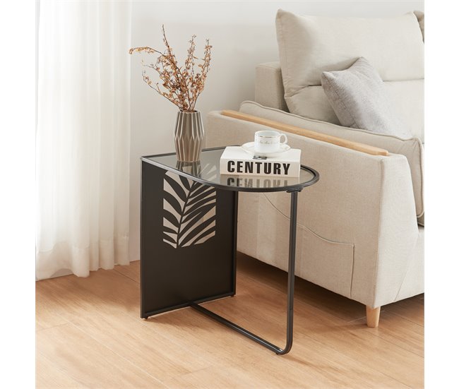 Conforama Mesa Auxiliar Ulvik Semiovalada Metal Cristal 50x50x35cm - Negro [en.casa]