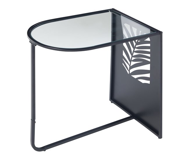 Conforama Mesa Auxiliar Ulvik Semiovalada Metal Cristal 50x50x35cm - Negro [en.casa]