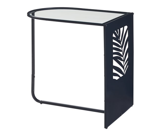 Conforama Mesa auxiliar Ulvik semiovalada metal cristal 50x50x35cm - Negro [en.casa]