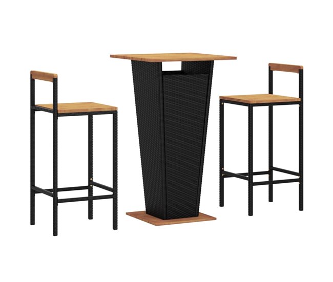 Conforama Mesa Bar Y Taburetes Jardin 3 Piezas Madera Acacia Ratán PE Negro