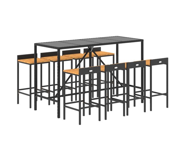 Conforama Mesa Bar Y Taburetes Jardin 9 Piezas Madera Acacia Ratán Pe Negro Longitud Mesa 180 Cm