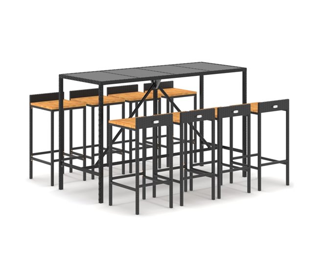 Conforama Mesa Bar Y Taburetes Jardin 9 Piezas Madera Acacia Ratán Pe Negro Longitud Mesa 180 Cm