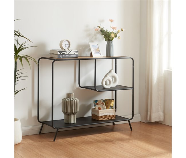 Conforama Mesa Consola Krødsherad Con 2 Estantes Metal MDF 83x102x36cm - Negro/Roble [en.casa]