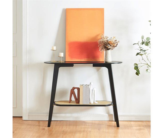 Conforama Mesa Consola Taivalkoski 100x35x80cm - Negro/Ratán [en.casa]
