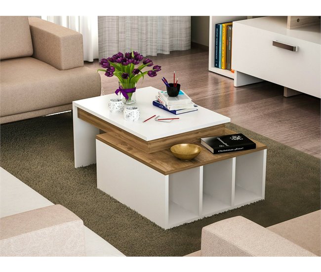 Conforama Mesa De Café Dmckenni Mesa De Centro Baja Revistero Para Sofá Estante De La Sala De Estar 90x60h37 Cm Blanco Y Nogal