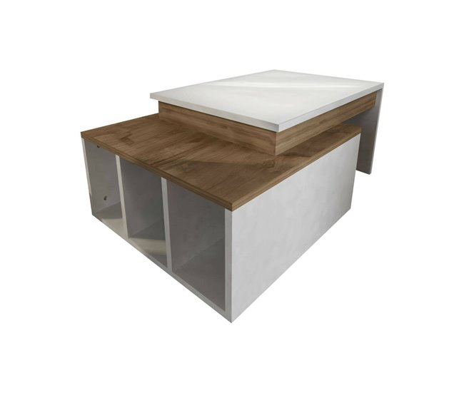 Conforama Mesa de café Dmckenni Mesa de centro baja Revistero para sofá Estante de la sala de estar 90x60h37 cm Blanco y Nogal