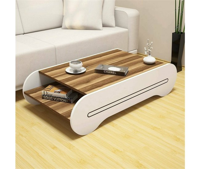 Conforama Mesa De Café Dmicheli Mesa De Centro Baja Revistero Para Sofá Estante De La Sala De Estar 120x64h30 Cm Nogal Y Blanco