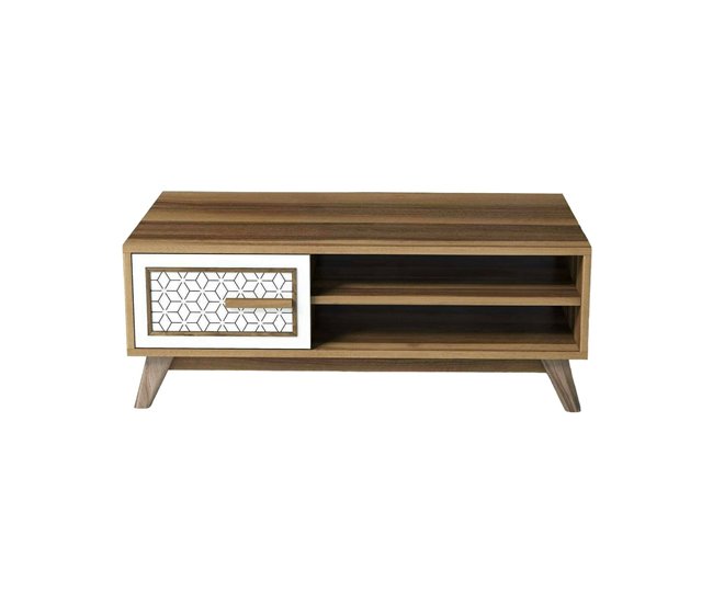 Conforama Mesa de café Dmorgant Mesa de centro baja Revistero para sofá Estante de la sala de estar 105x60h38 cm Nogal y Blanco