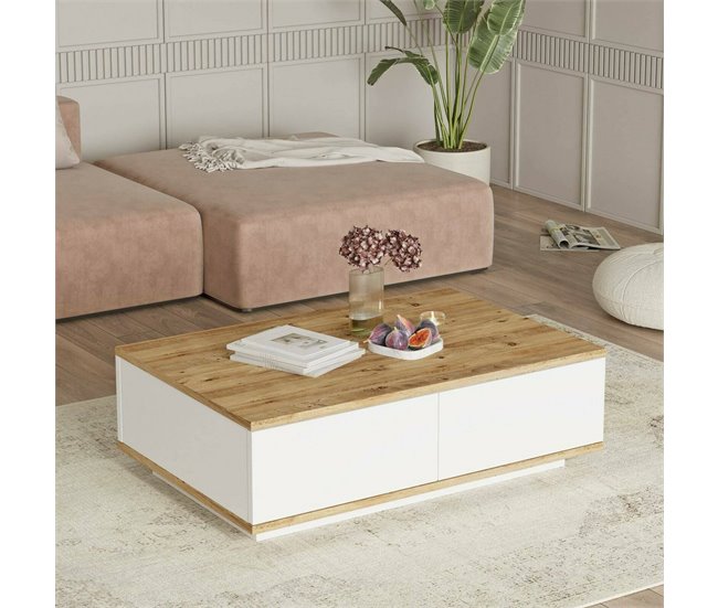 Conforama Mesa De Café Dnastasi Mesa De Centro Baja Revistero Para Sofá Estante De La Sala De Estar 90x60h29 Cm Roble Y Blanco