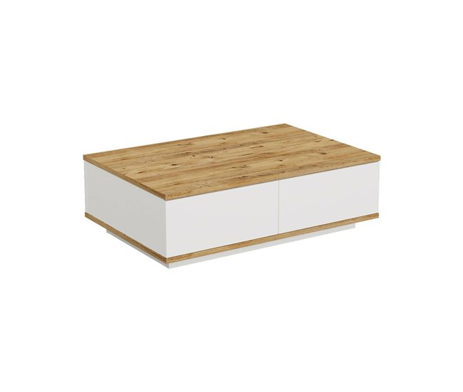 Conforama Mesa de café Dnastasi Mesa de centro baja Revistero para sofá Estante de la sala de estar 90x60h29 cm Roble y Blanco