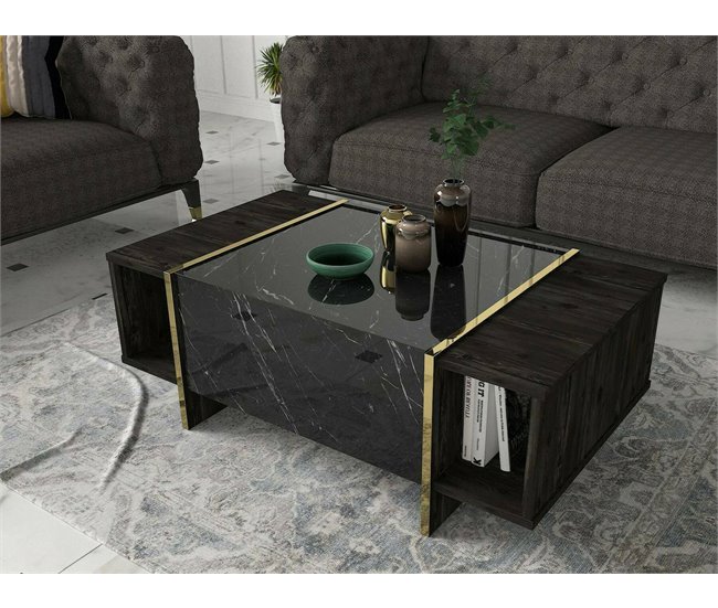 Conforama Mesa De Café Dpagliar Mesa De Centro Baja Revistero Para Sofá Estante De La Sala De Estar 104x60h37 Cm Negro Y Oro