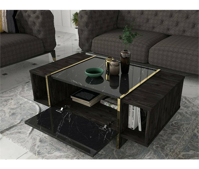 Conforama Mesa De Café Dpagliar Mesa De Centro Baja Revistero Para Sofá Estante De La Sala De Estar 104x60h37 Cm Negro Y Oro