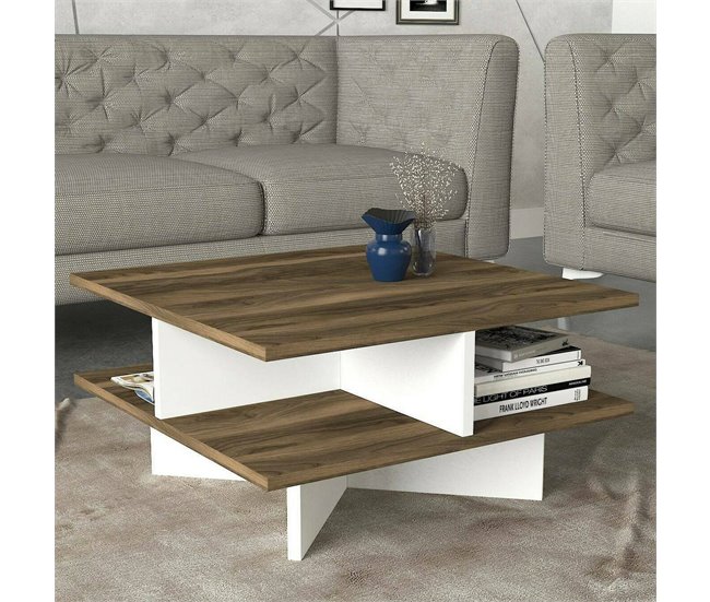 Conforama Mesa De Café Dpalmier Mesa De Centro Baja Revistero Para Sofá Estante De La Sala De Estar 60x60h31 Cm Nogal Y Blanco