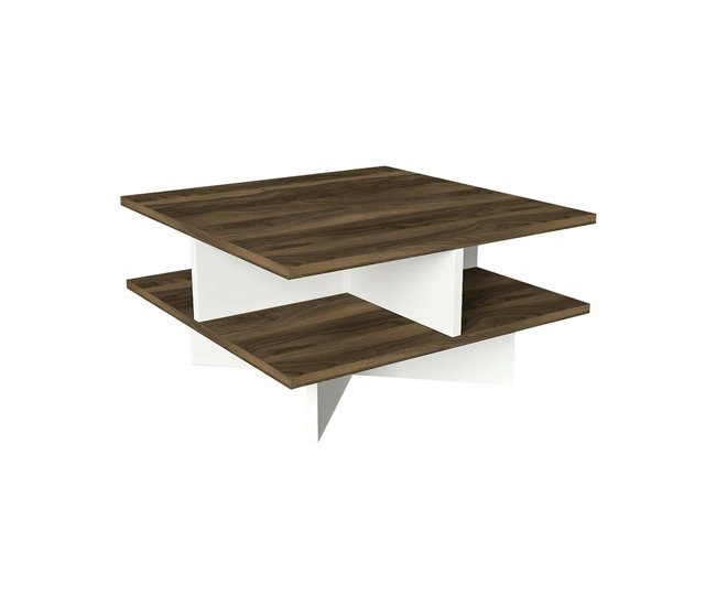 Conforama Mesa de café Dpalmier Mesa de centro baja Revistero para sofá Estante de la sala de estar 60x60h31 cm Nogal y Blanco