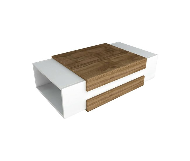 Conforama Mesa de café Dpalomin Mesa de centro baja Revistero para sofá Estante de la sala de estar 110x57h31 cm Blanco y Nogal