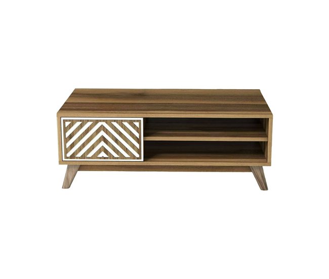 Conforama Mesa de café Dpratell Mesa de centro baja Revistero para sofá Estante de la sala de estar 105x60h38 cm Nogal y Blanco