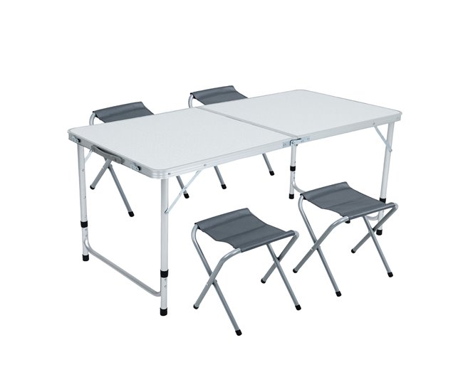 Conforama Mesa de camping blanca AGIS con 4 sillas plegables en gris medidas 120x60x70 cm